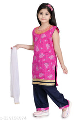 Pink cotton kurti patiala set for kids, sleeveless and above knee length with printed design and matching dupatta. Lovely Kids Party Wear, 4-5 years to 9-10 years available. Indian origin